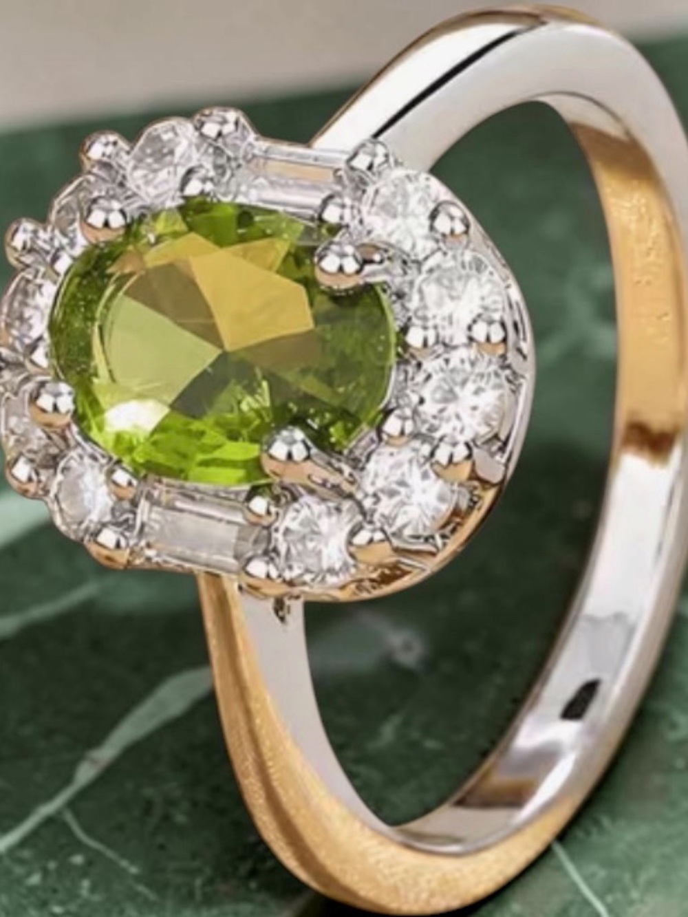 Green Peridot Moissanite Halo Ring in 935 Sterling Silver